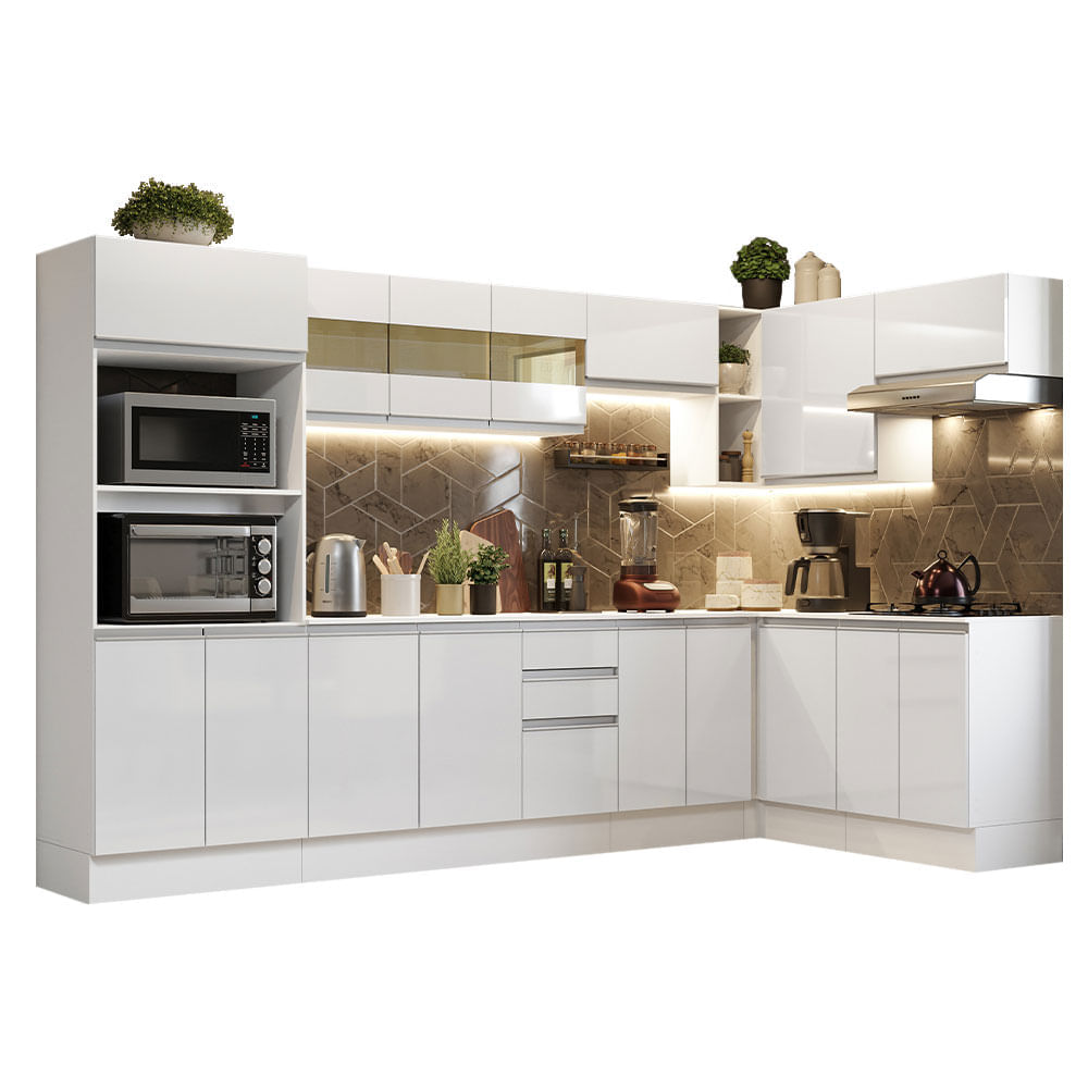 Armário de Cozinha Completa de Canto 100% MDF 448cm Branco/Rustic