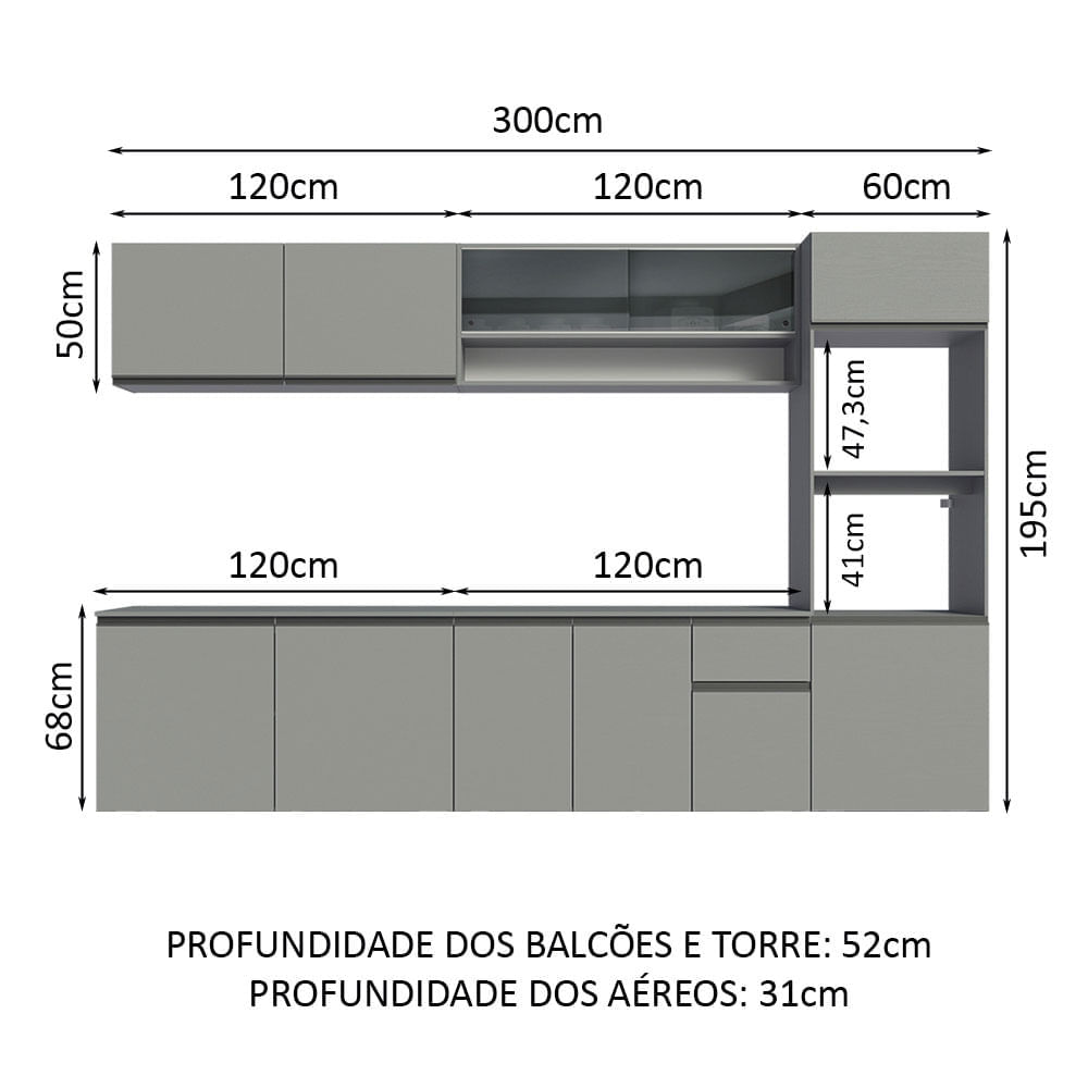 Armário de Cozinha Completa Suspenso 300cm Cinza Nice Madesa 06