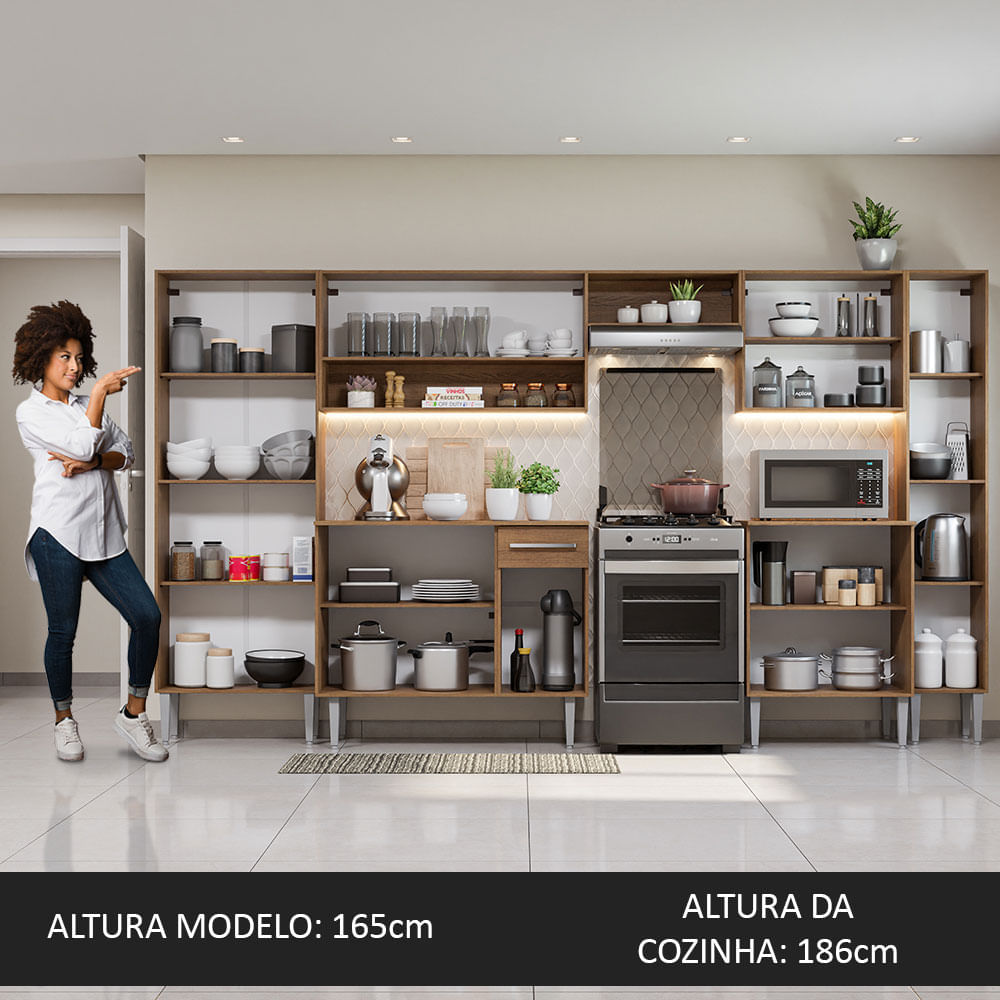 Kit Cozinha Completa Modulada Balcão Para Pia Armário Paneleiro Cristaleira  Marrom Madeira Verde