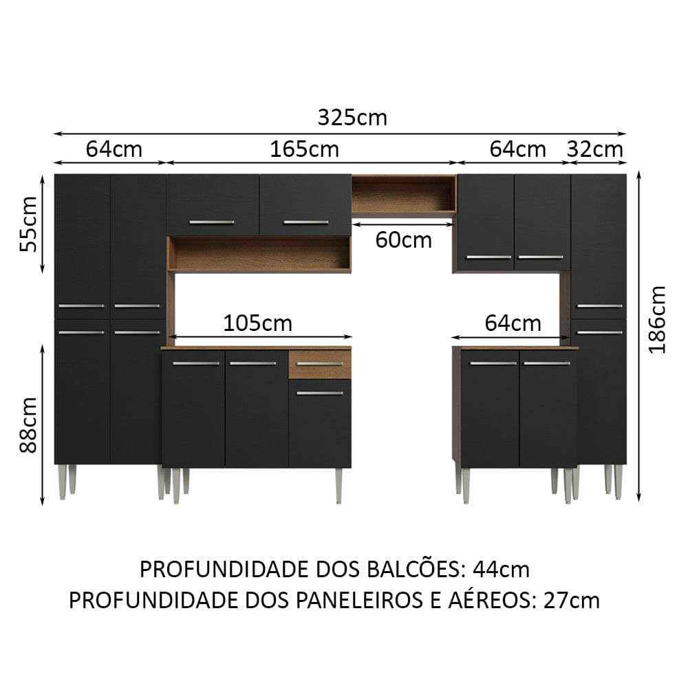 Armário de Cozinha Completa 325cm Preto/Rustic Emilly Joy Madesa