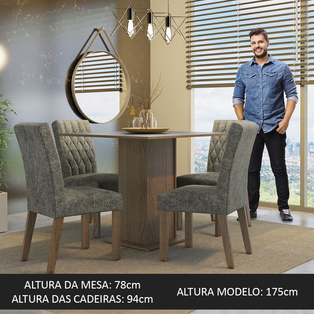 Conjunto Sala de Jantar Mesa Tampo de Madeira 4 Cadeiras  Rustic/Cinza/Silver Livia Madesa - Madesa Móveis